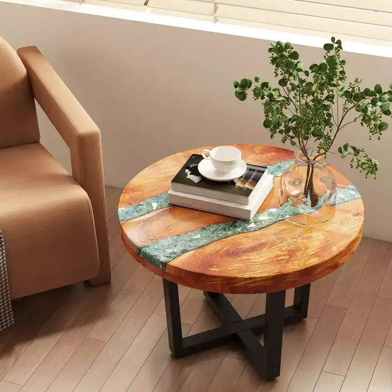 Costway 24 Round Teak Wood End Table with Epoxy Resin Tabletop Mahogany Base for Patio