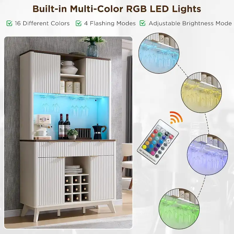 72 Wine Bar Cabinet, Modern Wood Coffee Bar Cabinet with LED Lights - N/A