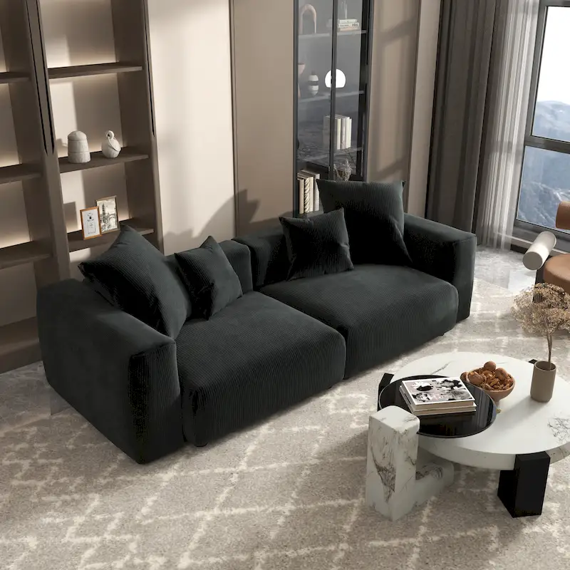 Black / Light Brown / Beige Corduroy L-Shape Sectional Sofa, 3-4 Seater