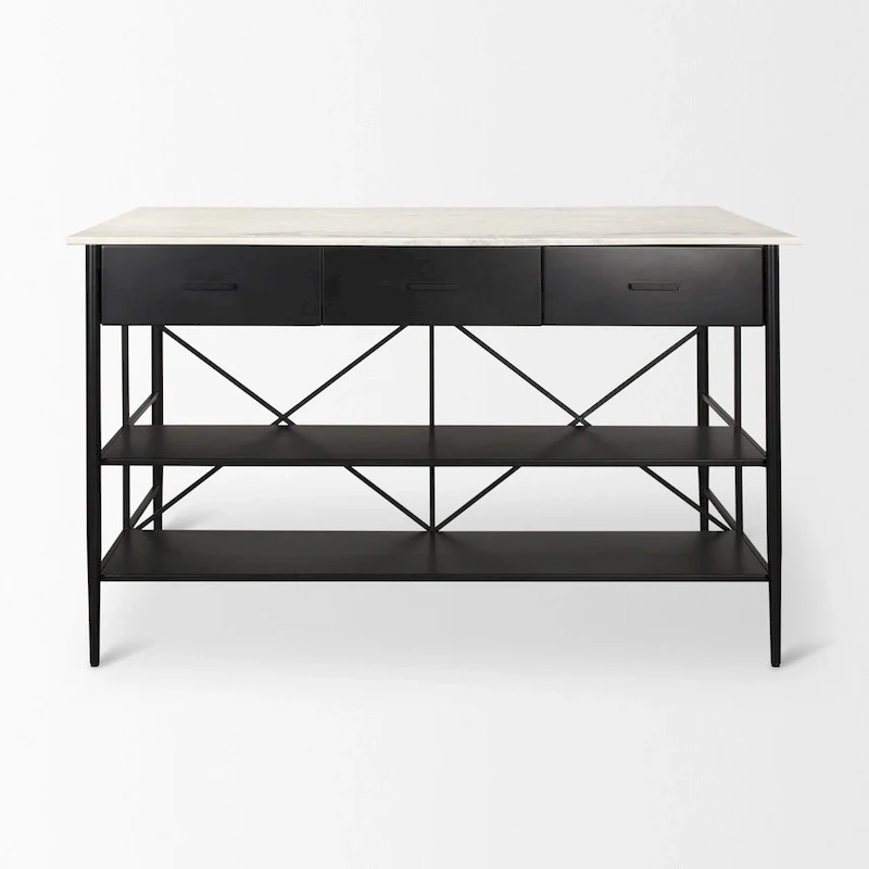 White Marble Kitchen Island with Black Metal Frame - 3 Drawers