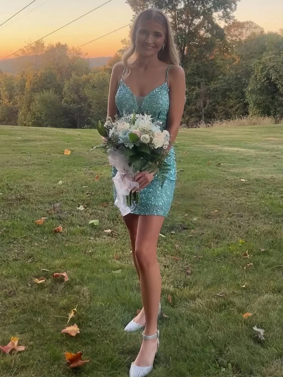 Mint Green - Bodycon V Neck Sequined Mini Party Dresses