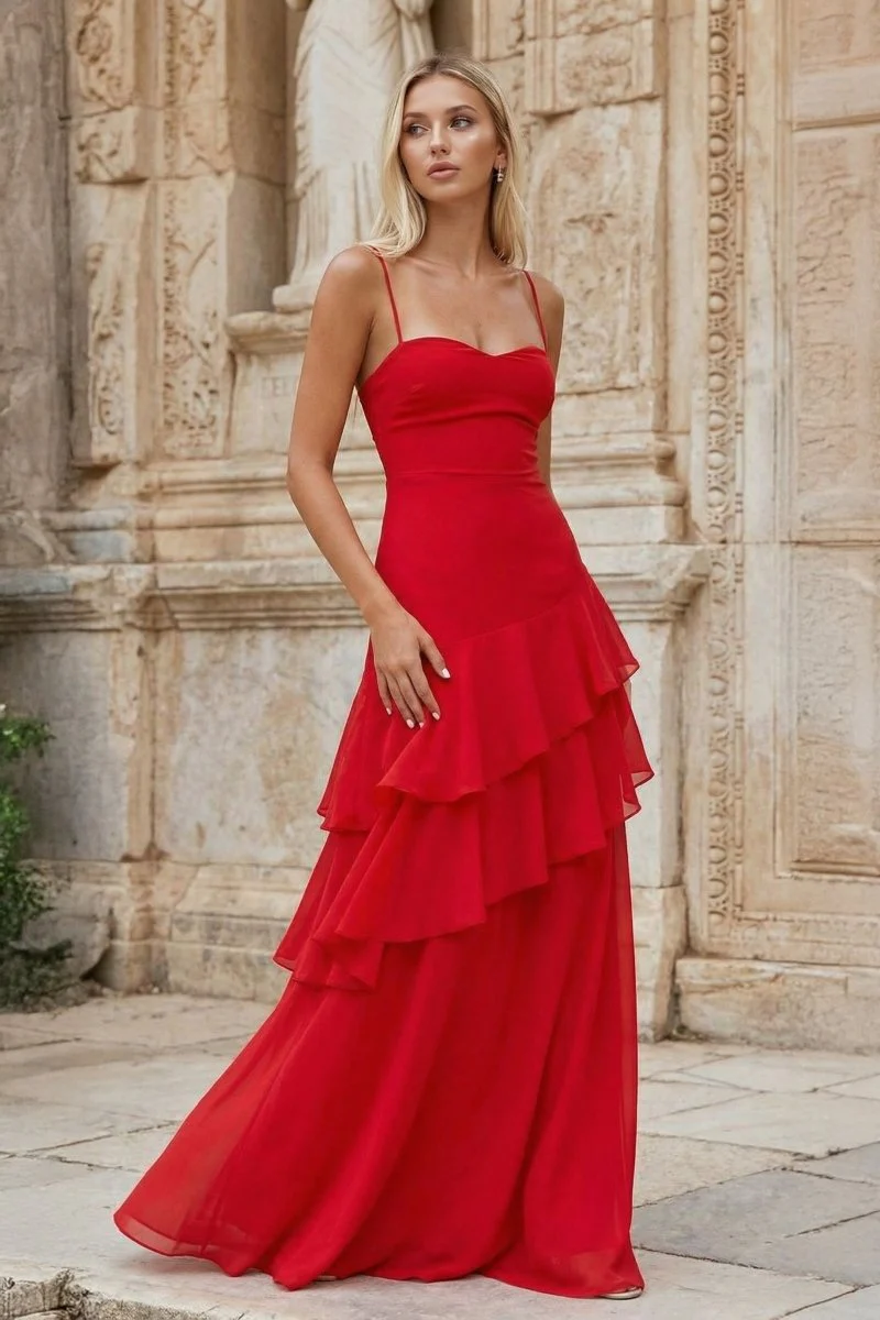 Red - Sheath Spaghetti Straps Chiffon Long Prom Dresses with Ruffles