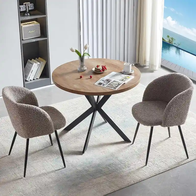 Round Dining Table Set with Sherpa Arm Chairs, Space Saving
