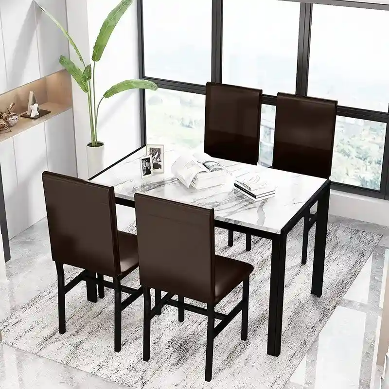 Modern Faux Marble 5 Pieces Kitchen Dining Set with 4 Cushion PU Leather Chairs