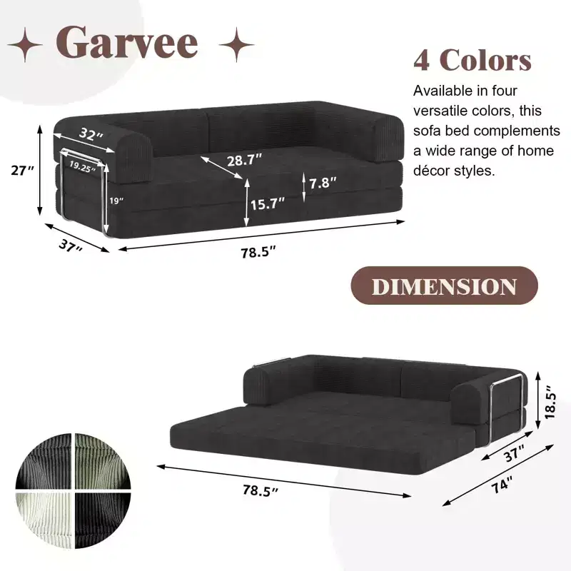 COZONY Convertible Corduroy Sleeper Sofa Bed, 3-Seater Foldable Futon, No Assembly Floor Couch