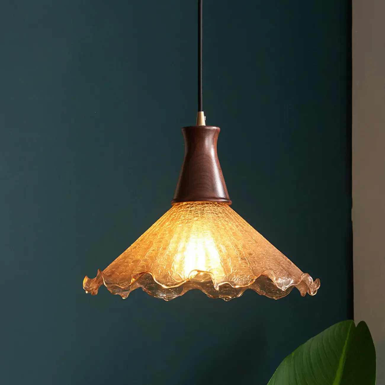 Vintage Wood Floral Amber Crackle Glass Pendant Light