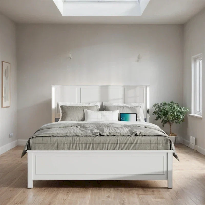 Queen Size Platform Bed with Wood Headboard, LED Lighting and USB Charging Ports