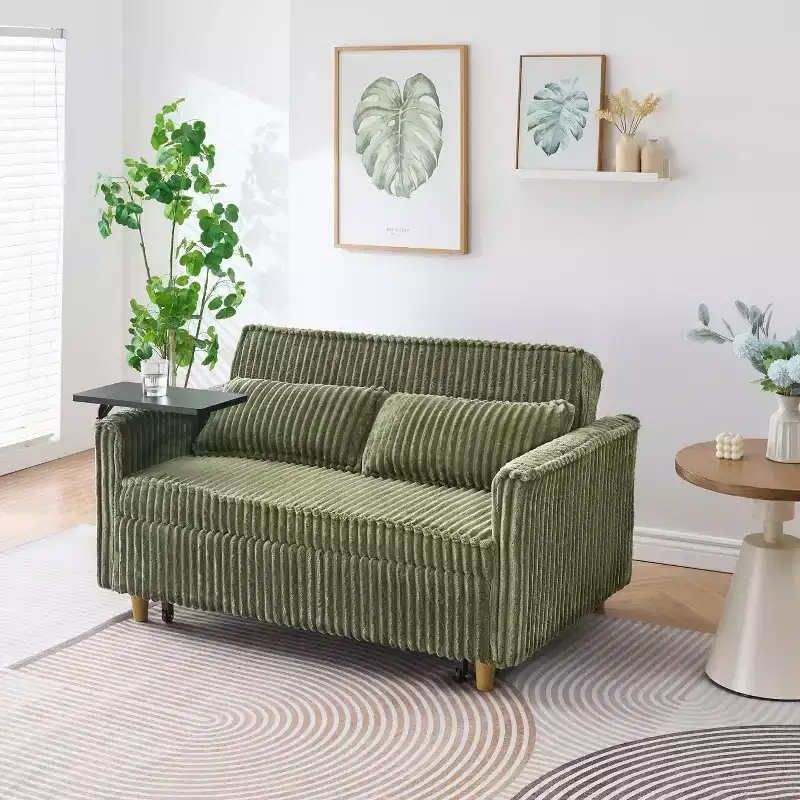 MAYEERTY The Pull Out Corduroy Sofa with Dual Functions Movable Tabletop for Living Room Bedroom Green