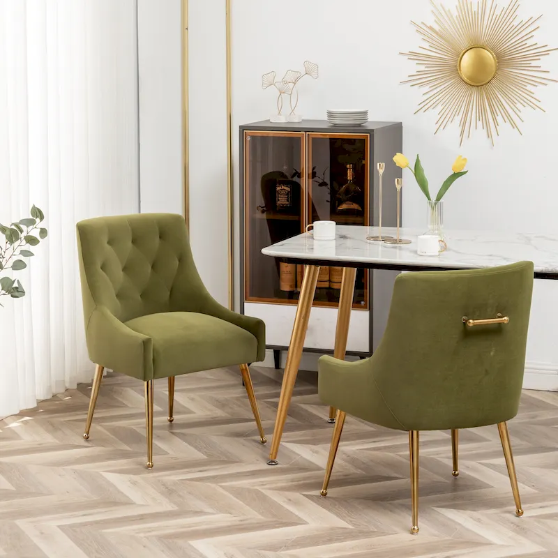 SEYNAR Modern Boucle Velvet Upholstered Accent Dining Chair Set of 2 Tufted Back Armless Chair with Golden Legs