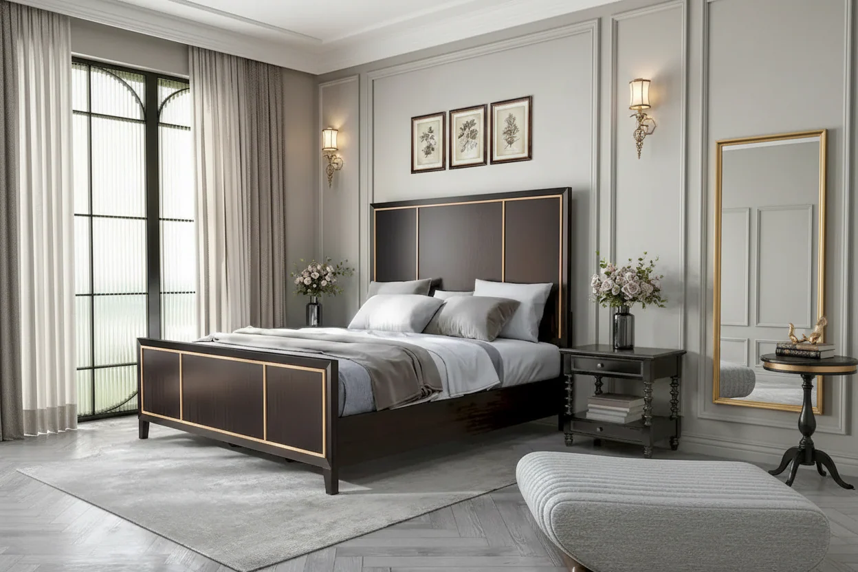 Panel Bed with Gold Accent Trim - Espresso - Queen/King