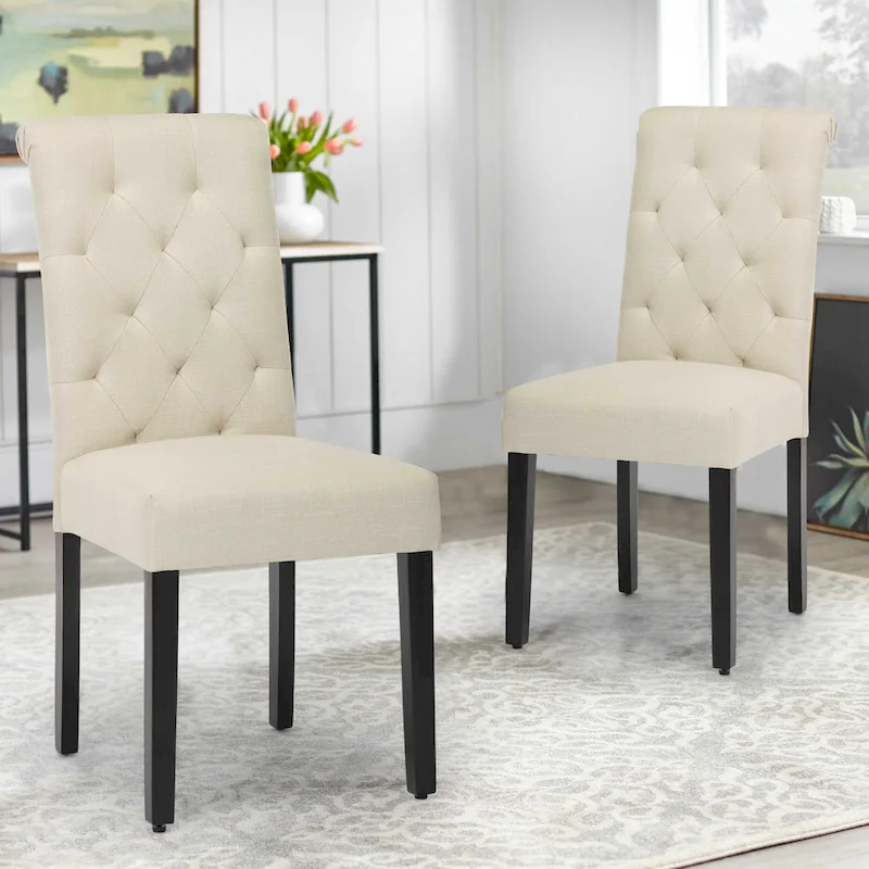 Fabric Upholstery High Back Tufted Parson Dining Chairs and Black Legs Set of 2