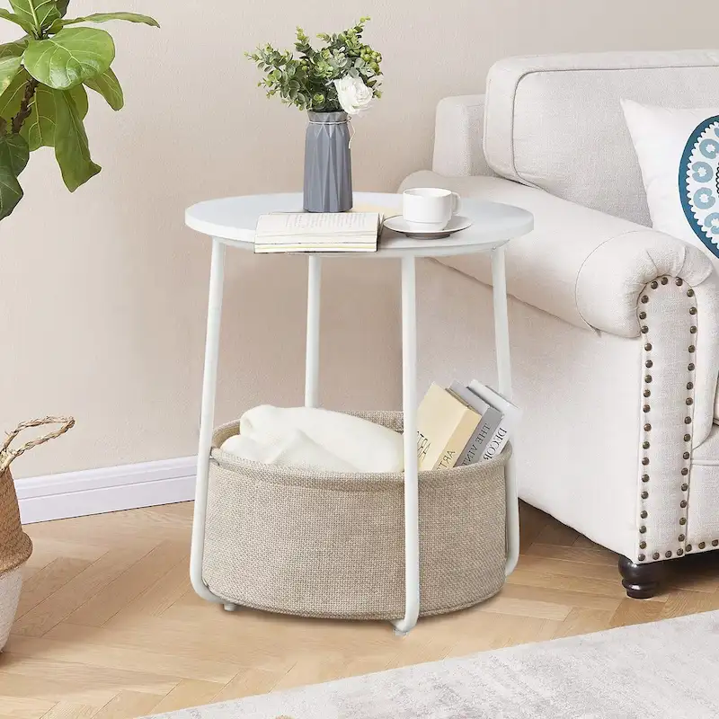 Round Nightstand with Linen Fabric Basket – Bedside Table for Bedroom or Nursery (Beige/Black)