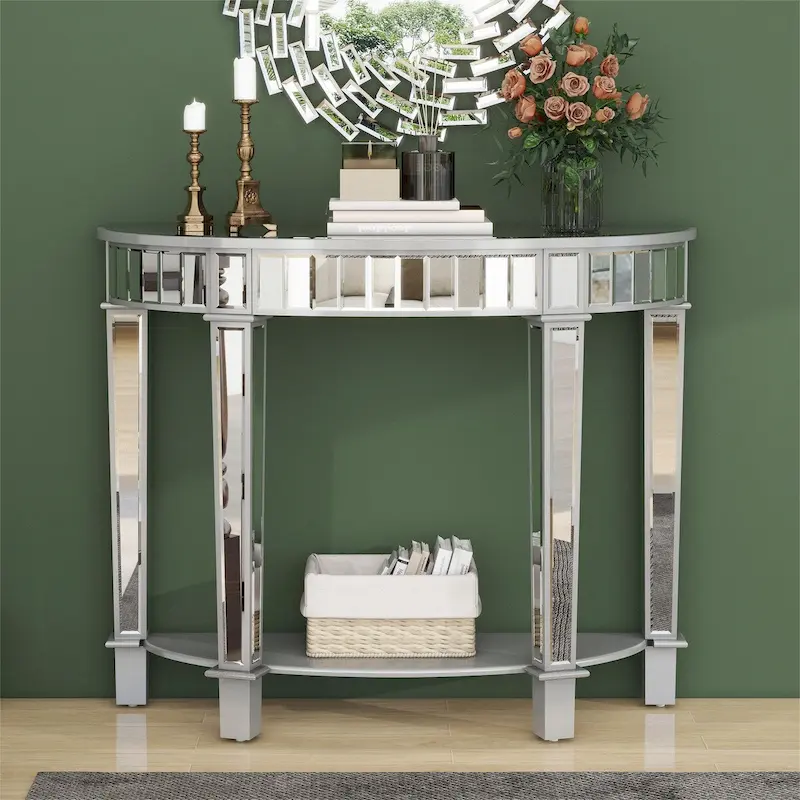 Silver Half-Moon Console Table with Shelf, 1-Person