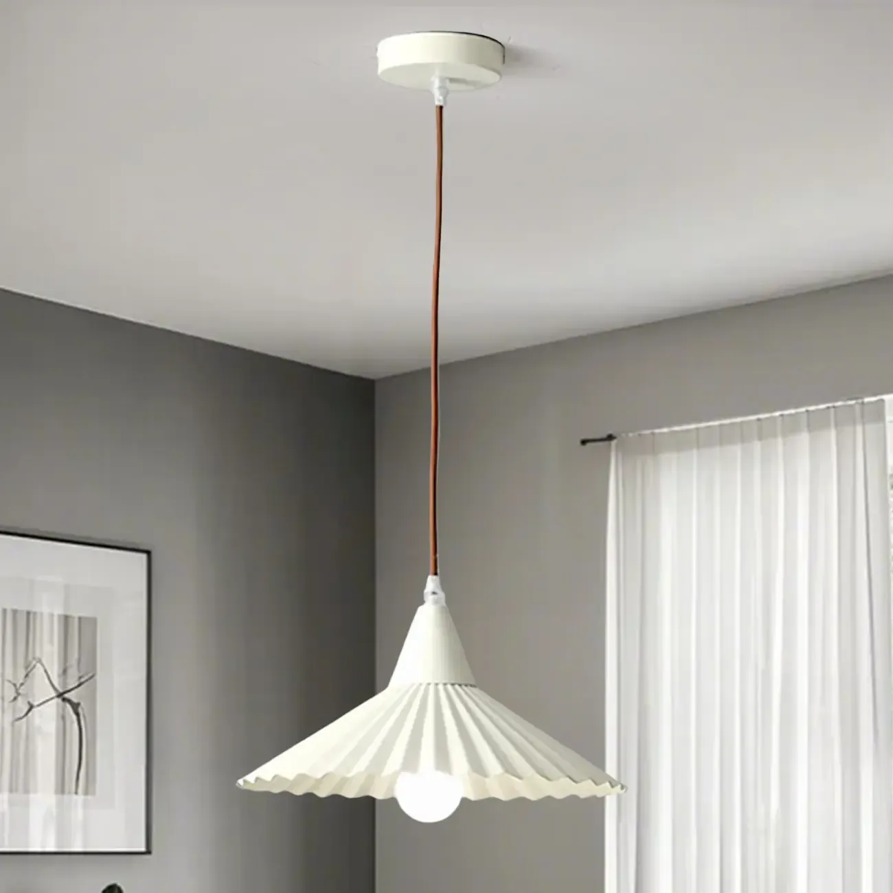 Modern Walnut Pleated Cone Pendant Light