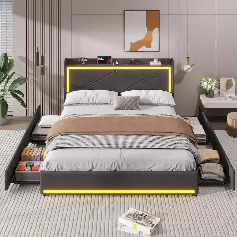 Bed Frame LED Lights Headboard & USB-C/A Charging Station 4 Drawers