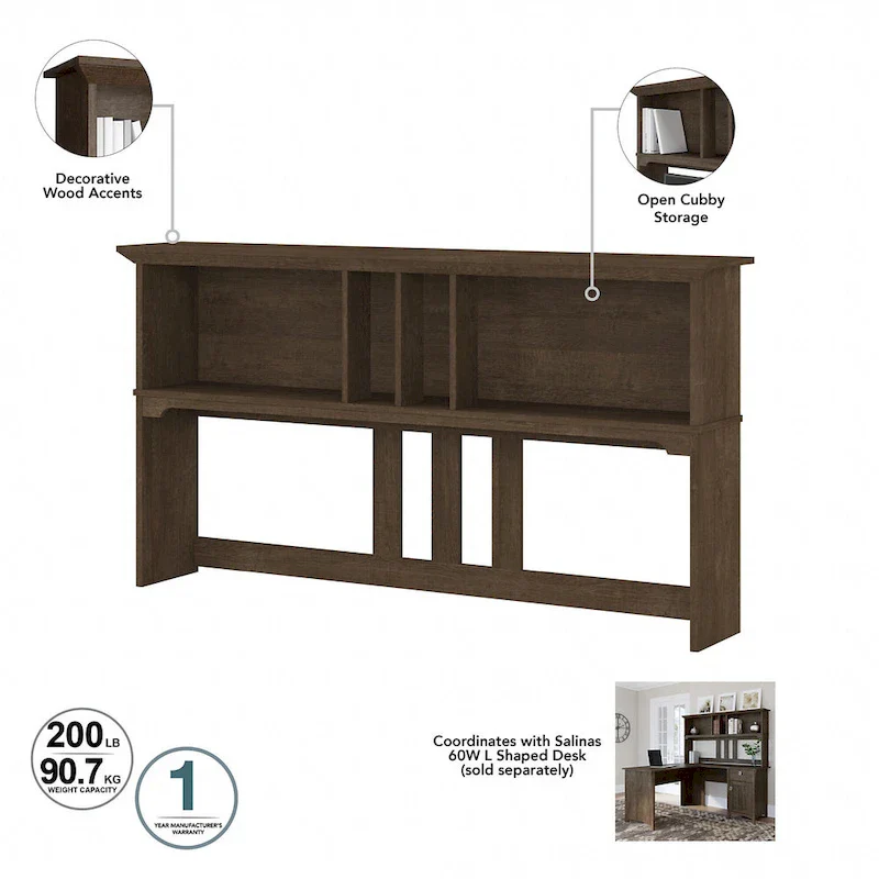 Salinas 60W L Desk with Hutch, Cabinet and Bookcase by Bush Furniture