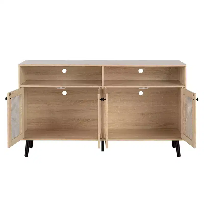 JVNOXK 56-inch mid-century modern TV stand, entertainment center with open shelving, tapered leg design, round knob cabinet doors, natural