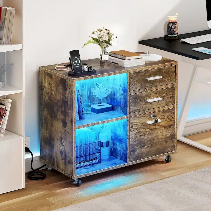 Brown Mobile Wood Lateral File Cabinet with Charging Station & Lock
