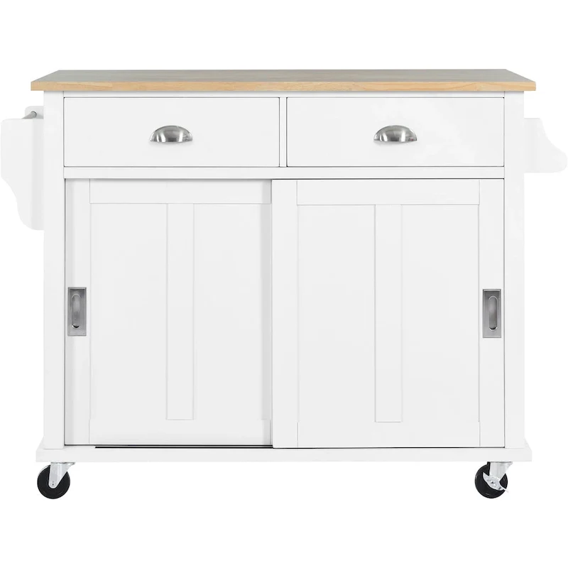 Kitchen Cart Featuring Rubber Wood Drop-Leaf Countertop, Adjustable Height, and Concealed Sliding Barn Door Storage