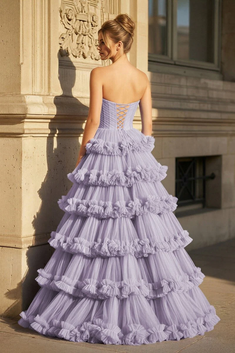 Navy Blue Strapless A Line Tulle Ruffled Long Prom Dresses With Slit