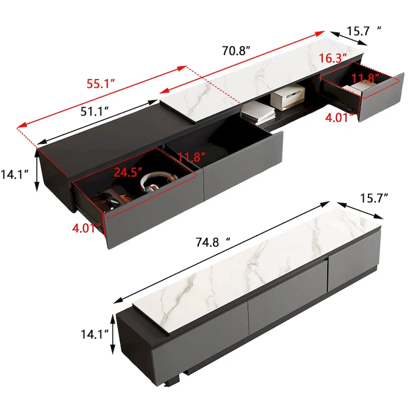 Extendable TV Stand Media Console With 3 Drawers - 75  - 122