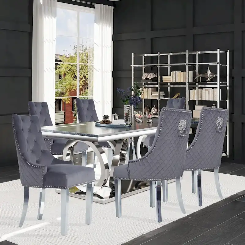 Velvet Dining Chairs Set of 2, Upholstered Tufted Nailhead Dining Room Chairs with Stainless Steel Legs & Lion Head Pull Ring