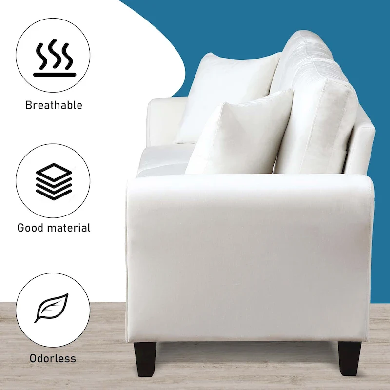 3-Seater Velvet Sofa with 2 Pillows, Black/White/Grey, Wood Frame, 3-Person