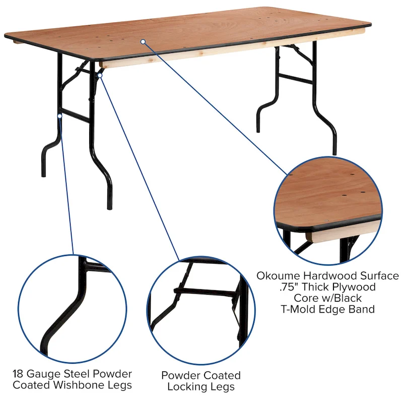 6-Foot Rectangular Wood Folding Table