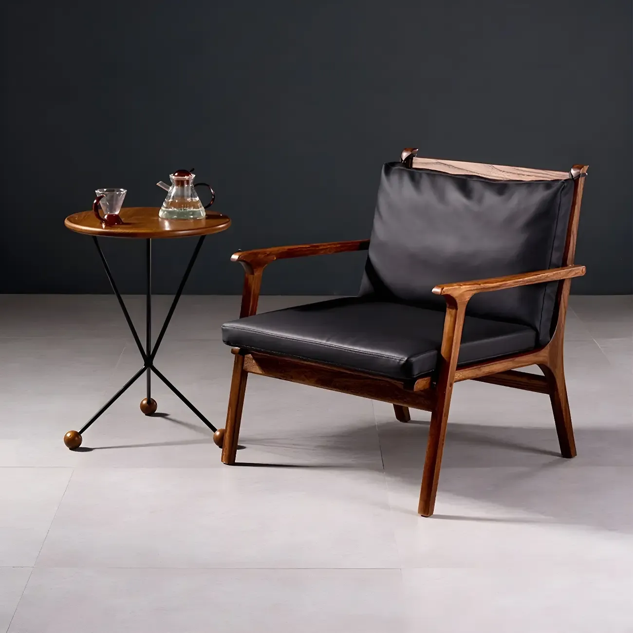 Scandinavian Faux Leather Wood Square Arm Accent Chair