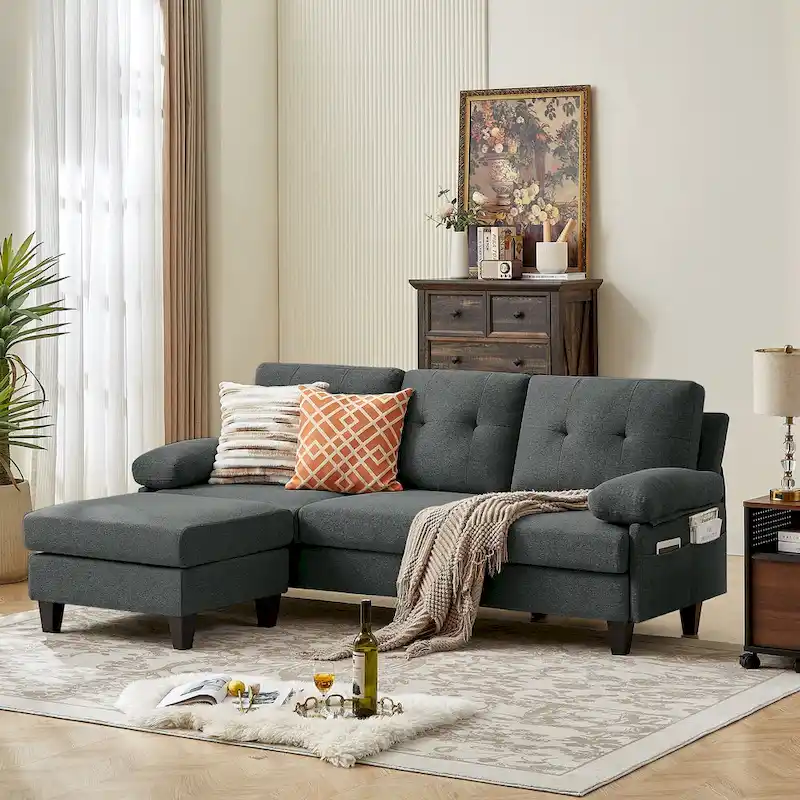 Blue / Green / Light Grey / Dark Grey / Beige L-Shaped Sectional Sofa with Ottoman & Storage Bags, Seats 3–4