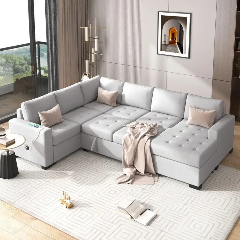 L-Shaped Corner Combination Sofa with Ottoman,USB and Type-C Interfaces