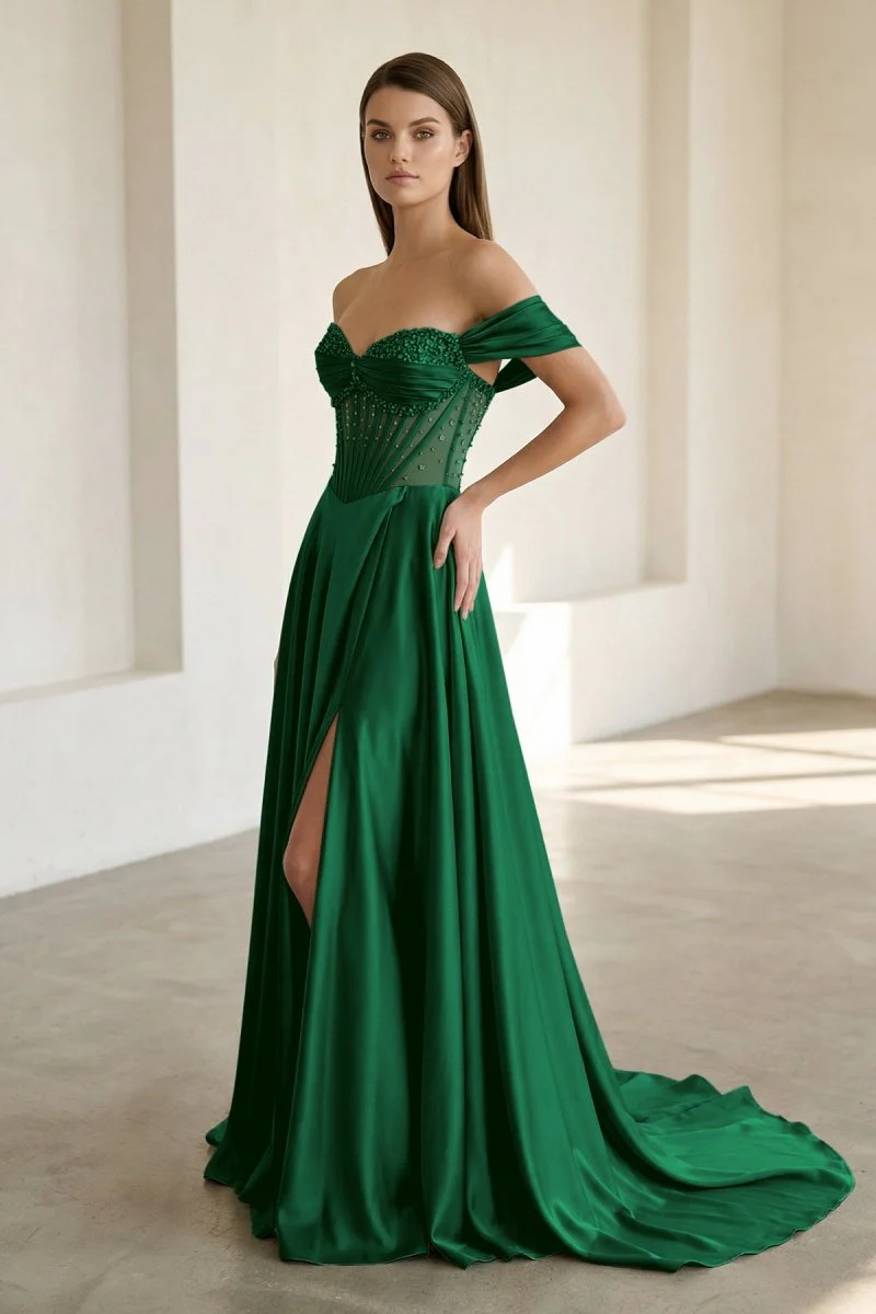 Sage Off The Shoulder A Line Satin Beaded Prom Dresses With Slit