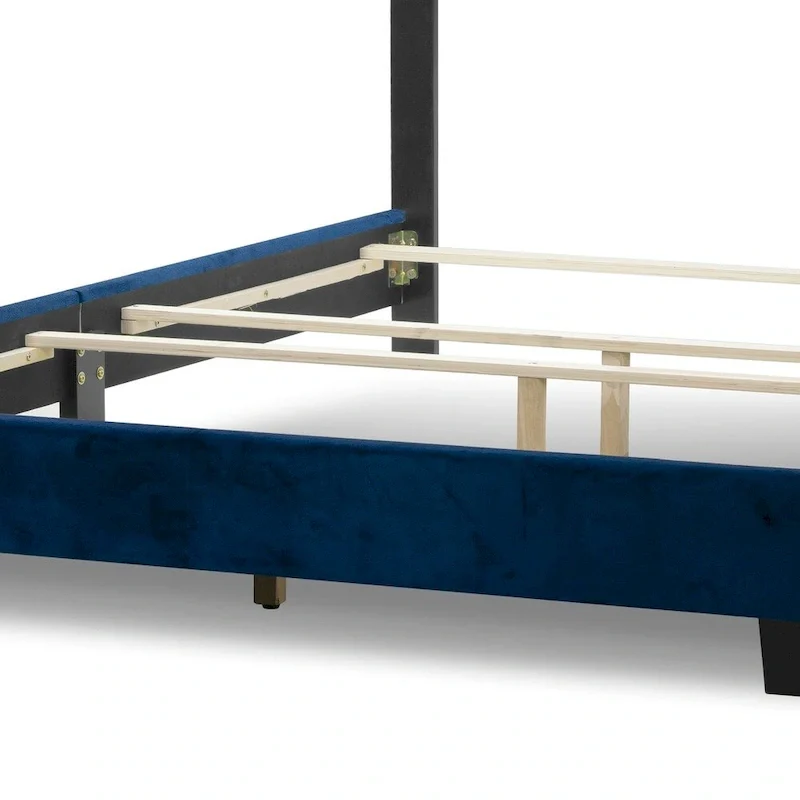 Navy Blue Velvet Queen Bed Button Tufting and Black Nail Head