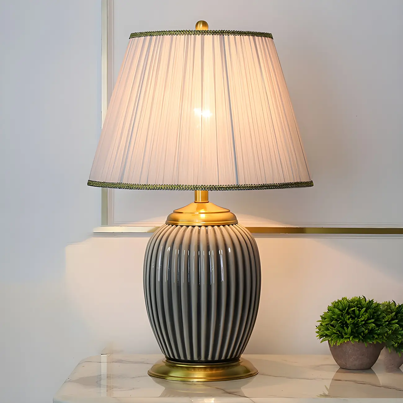 Plug-In Elegant Ceramic LED Table Lamp with Fabric Shade