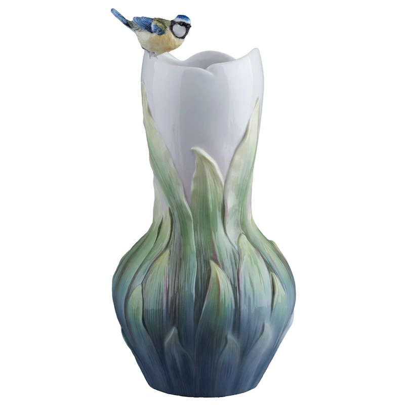 Charis 12.2  height Pleione & Blue Tit Vase multicolor Fine Porcelain
