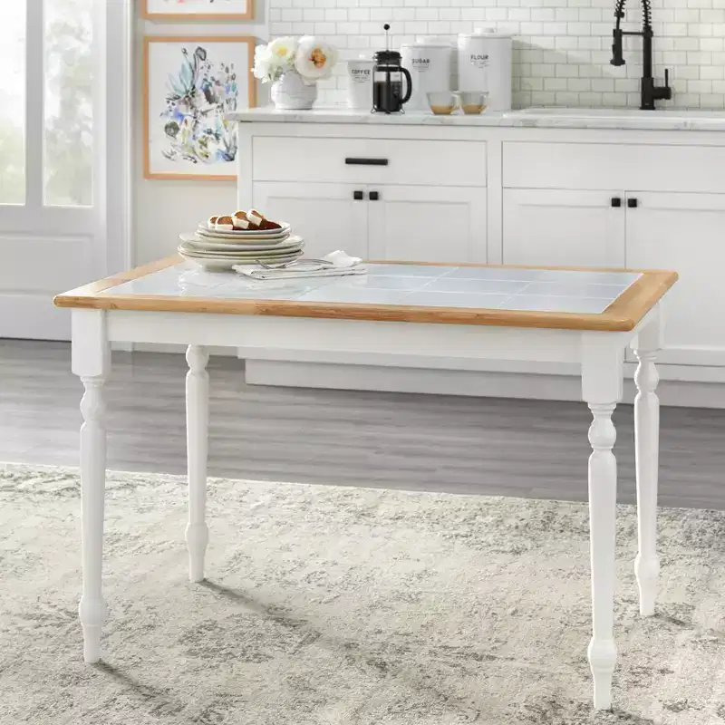 Buylateral Tara Farmhouse Tile Top Dining Table White/Natural: Modern Rubberwood Frame, Seats 4, Non-Extension