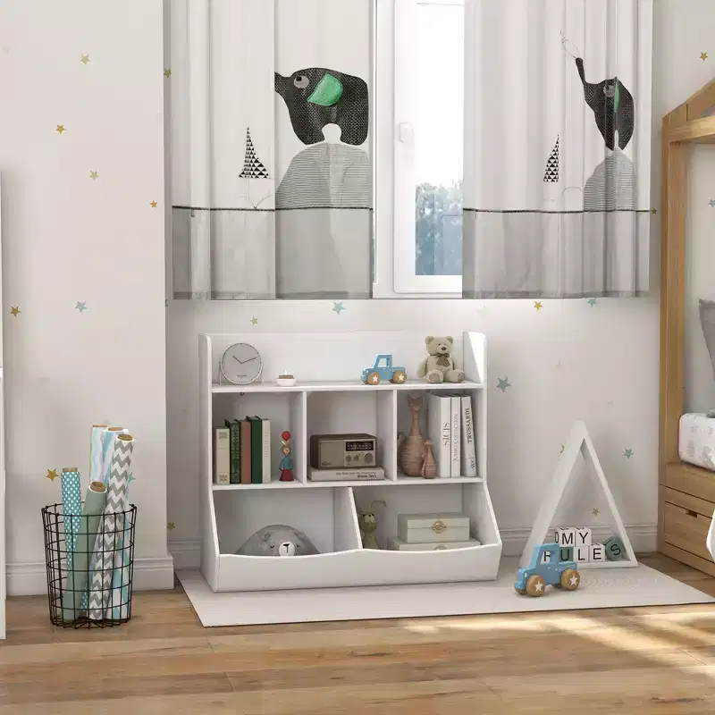 Qaba Kids Toy Shelf, 3 Tier Kids Bookcase with 5 Compartments, Anti-Tip Device, Toy Organizer for Nursery, Living Room, Playroom, Classroom, White