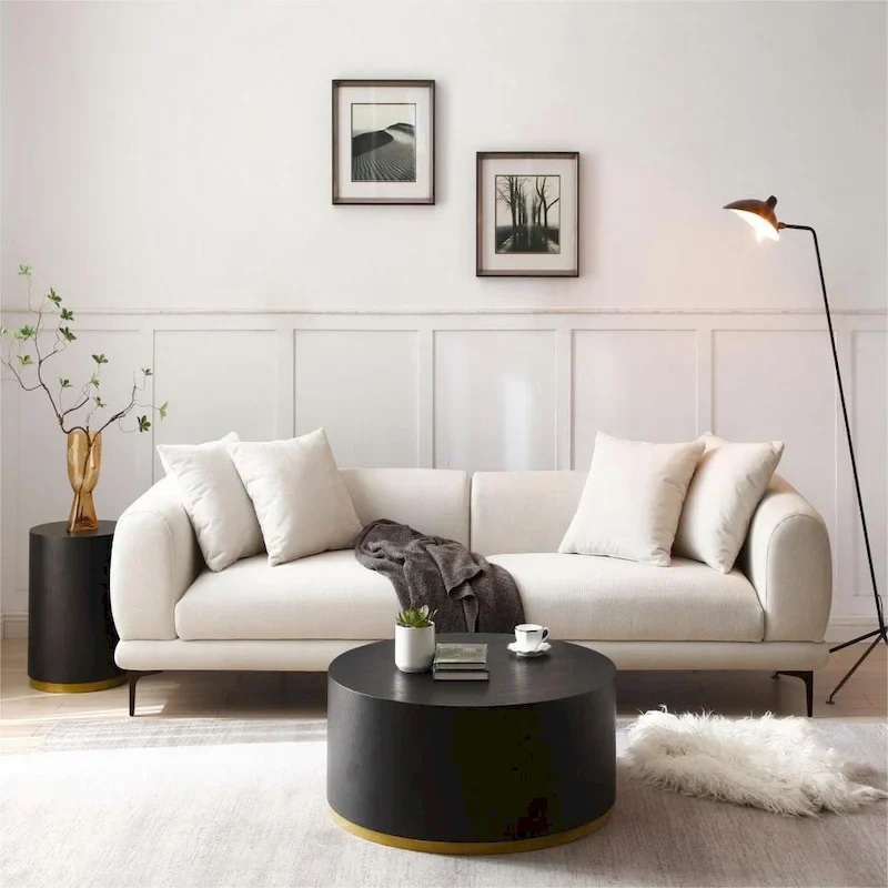 Fabric Sofa with Recessed Arms & Metal Legs – Blue / Beige, Mid-Century Modern, Seats 4