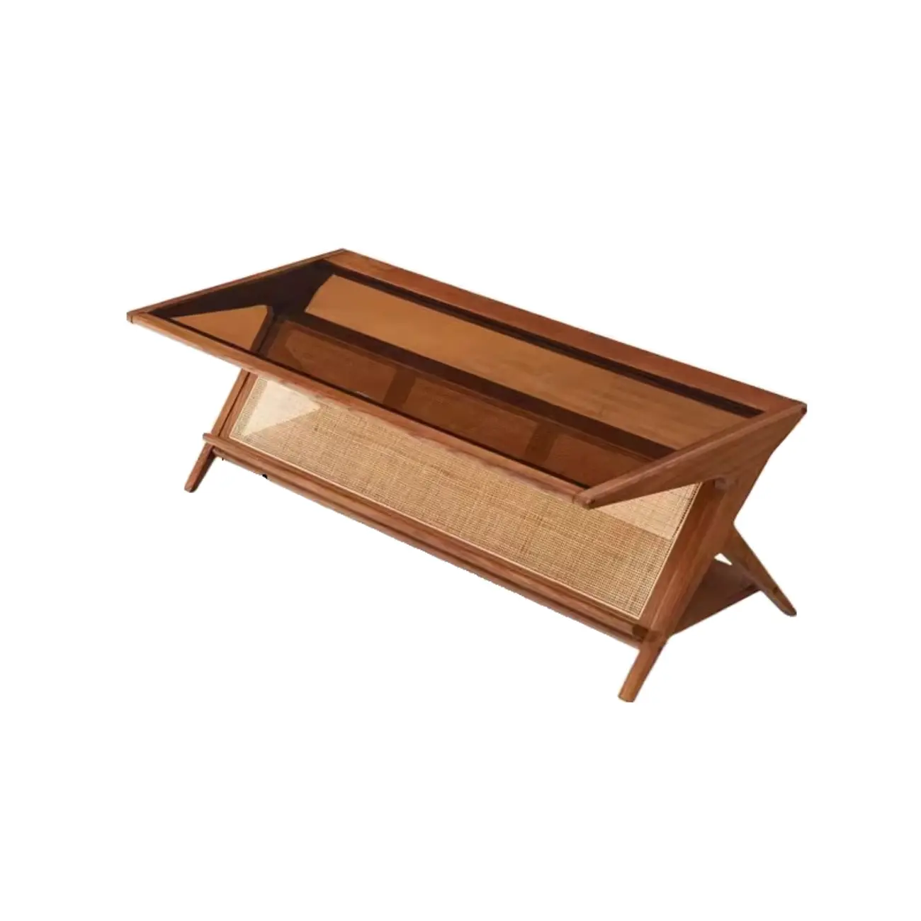 Modern Brown Rectangle Glass Wood Coffee Table with Shelf