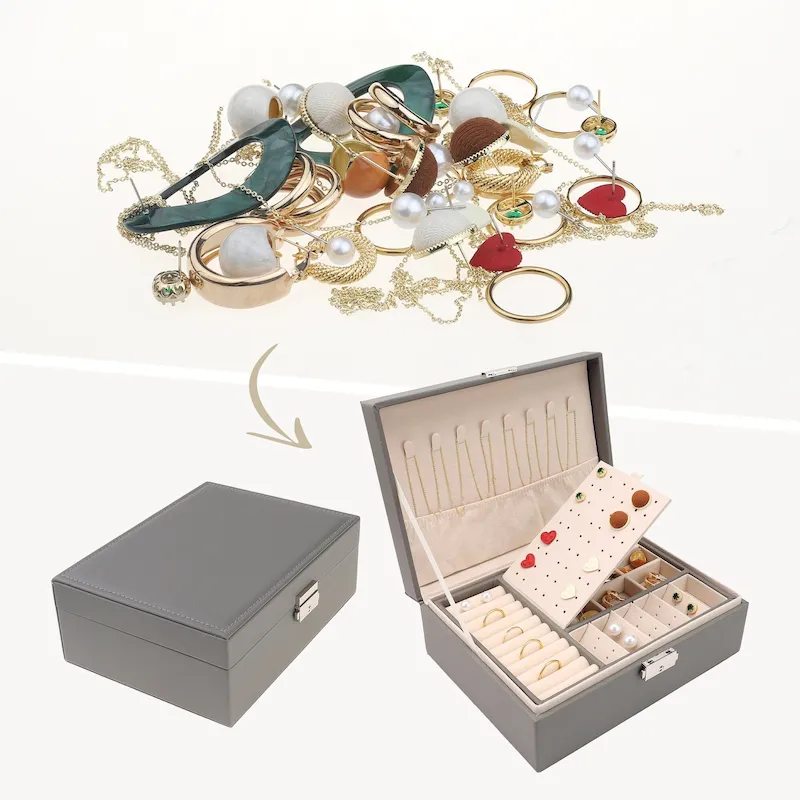 Grey/White/Black/Pink 2-Layer PU Leather Jewelry Box with Drawer, for 1 Person