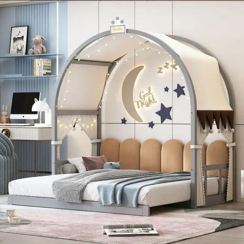 Gray Twin Size Bed with Arched Roof and Trundle - Kids Bedroom