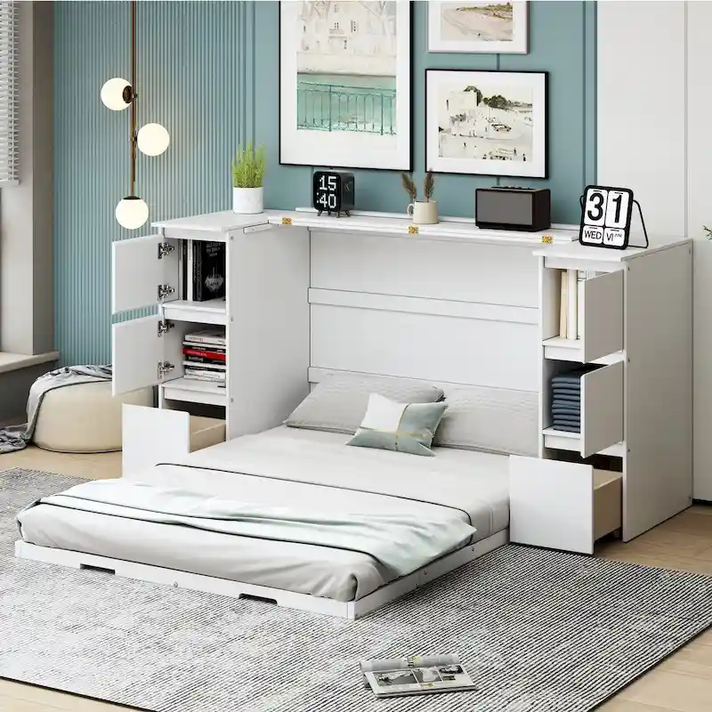 Murphy Bed Cabinet with Drawers, Cabinets & USB Ports – White / Grey, Twin / Full, 2 Stools Included