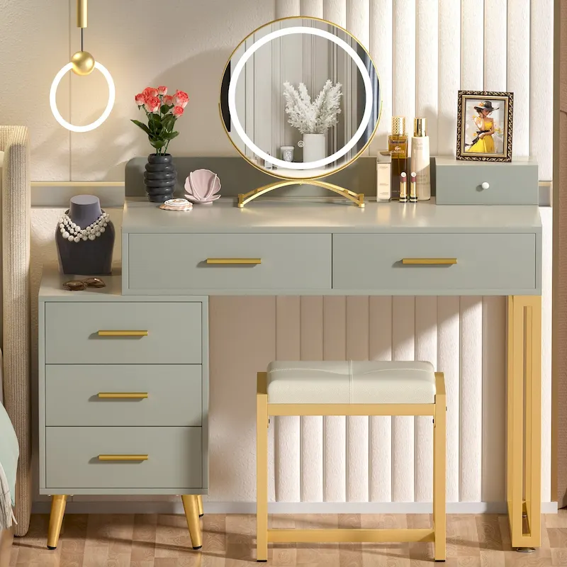 Makeup Vanity Desk with Round LED Mirror, 6 Drawers & Cushioned Stool – White / Pink / White & Cyan / Black, Single