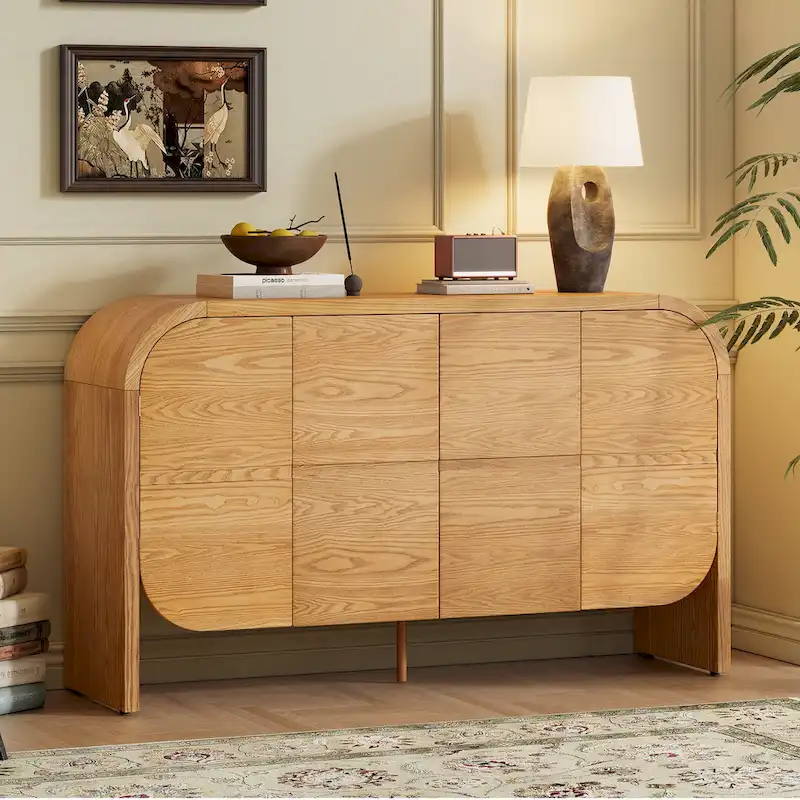 Wooden Sideboard Buffet Cabinet with Curvy Edge & Adjustable Shelves