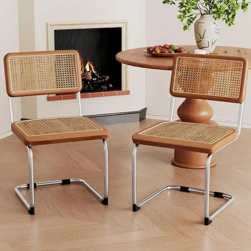 Dining Chairs Set of 2, Upholstered Natural Rattan Kitchen Chairs, Armless Accent Chair Side Chairs