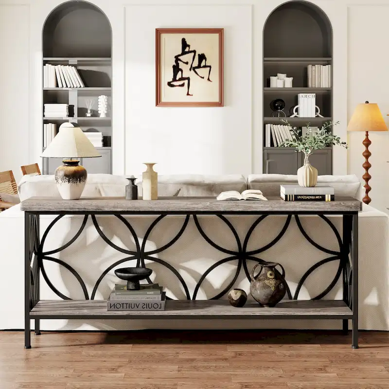 Extra Long Sofa Table with Metal Frame & Rustic Wood Finish - 70.86  L x 11.81  W x 31.88  H