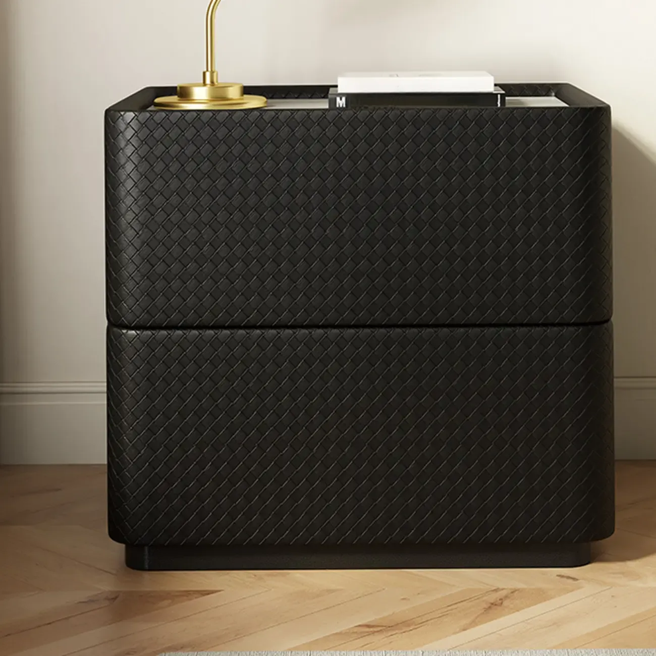 Minimalist Grid Pattern 2 Layer Wooden Nightstand for Bedroom