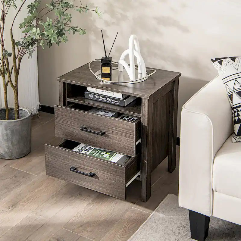 Costway Nightstand Drawers Rustic Side End Table Storage Compartment - 21.5 x 17 x 23