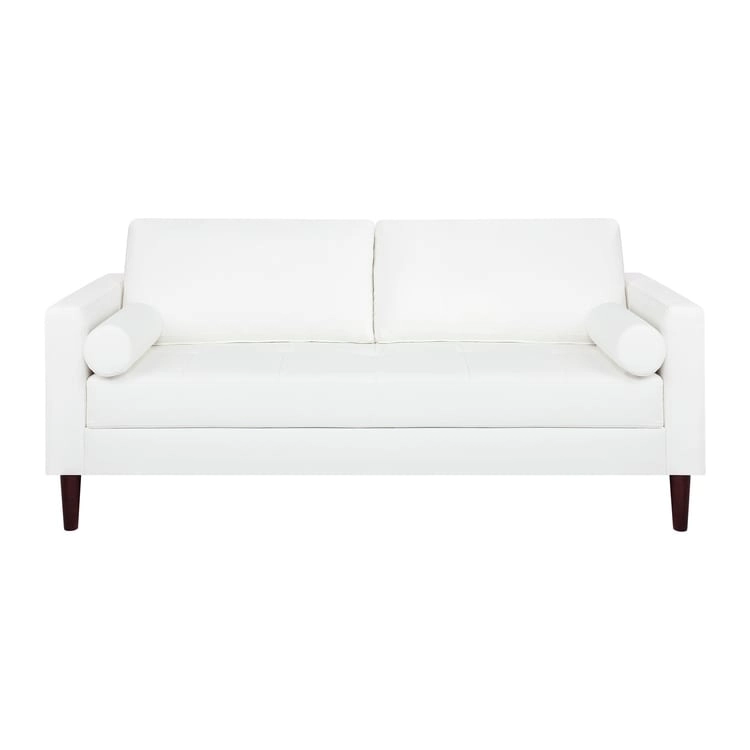 Modern Genuine Leather Sofa with Wooden Legs & Additional Bolster Pillow