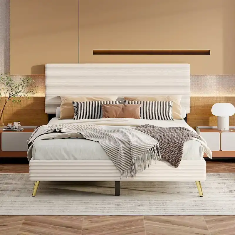 Wood Frame Queen Platform Bed Frame with Horizontal Stripe Headboard Upholstered Bed Frame Wood Slat,No Box Spring Needed
